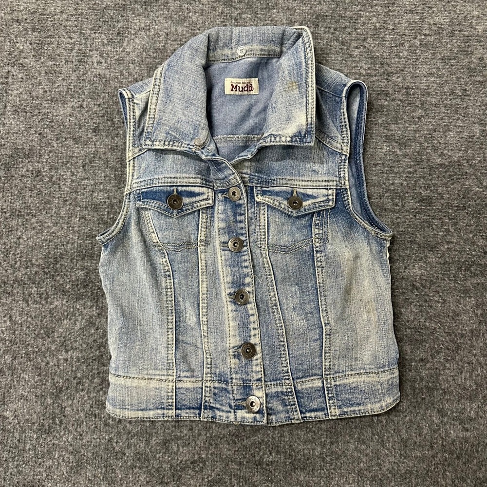 Mudd Vest Womens Size XS Blue Denim Cropped Light Wash Distressed Button Up Y2K